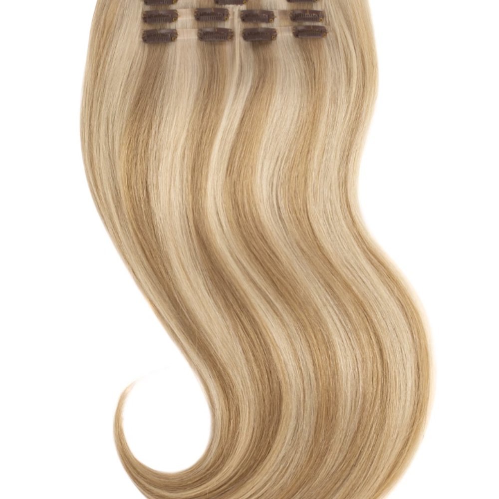 60" Clip-In Dirty Blonde Extensions w Highlights